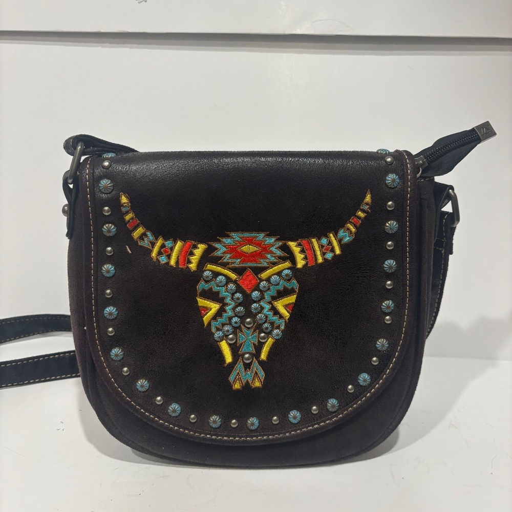 Montana West Brown Leather Crossbody Bag Embroidered Longhorn Skull Studded Boho